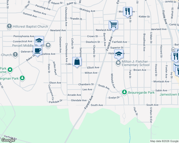 map of restaurants, bars, coffee shops, grocery stores, and more near 21 Elliott Avenue in Jamestown