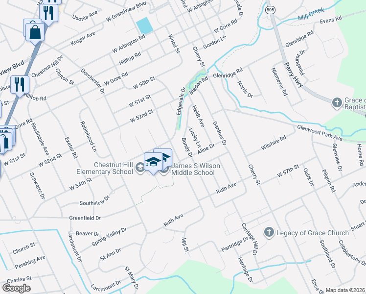 map of restaurants, bars, coffee shops, grocery stores, and more near 5432 Bondy Drive in Erie