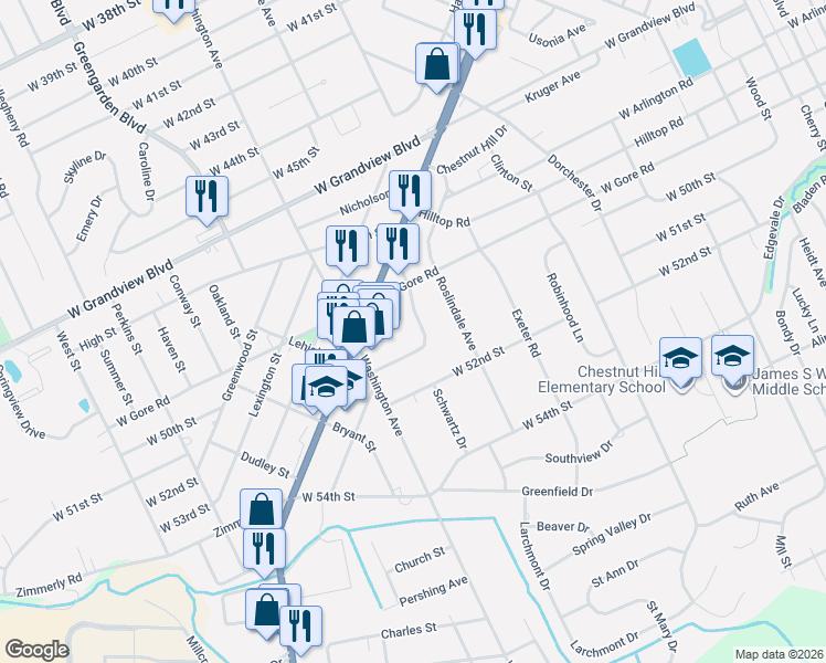 map of restaurants, bars, coffee shops, grocery stores, and more near 5039 Hillsdale Ave in Erie