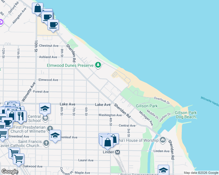 map of restaurants, bars, coffee shops, grocery stores, and more near 929 Michigan Avenue in Wilmette