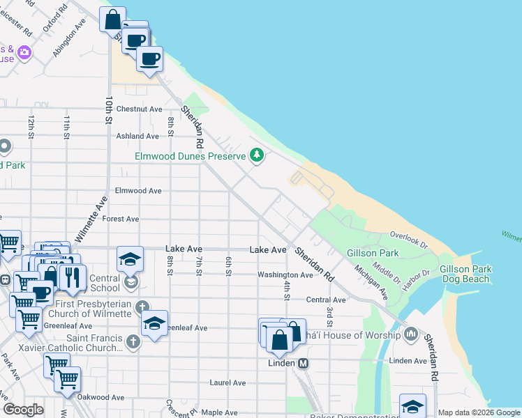 map of restaurants, bars, coffee shops, grocery stores, and more near 414 Forest Avenue in Wilmette
