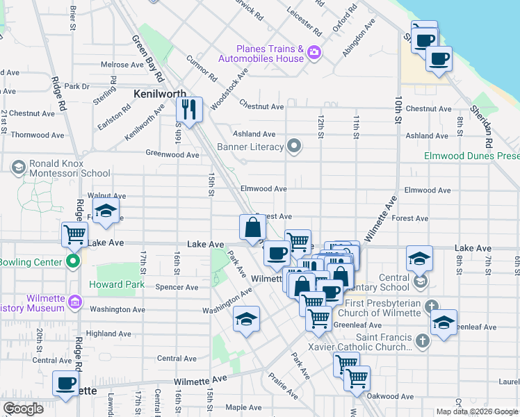 map of restaurants, bars, coffee shops, grocery stores, and more near 1321 Elmwood Avenue in Wilmette