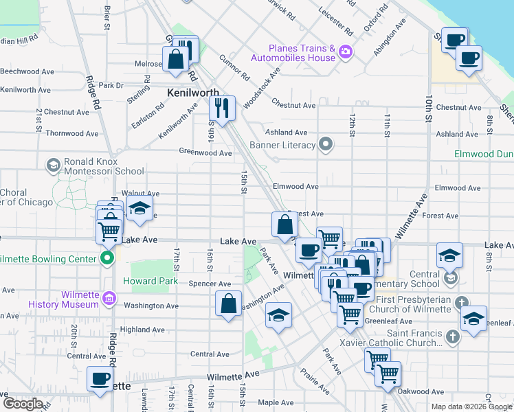 map of restaurants, bars, coffee shops, grocery stores, and more near 920 15th Street in Wilmette