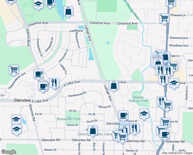 map of restaurants, bars, coffee shops, grocery stores, and more near 1414 Lehigh Avenue in Glenview