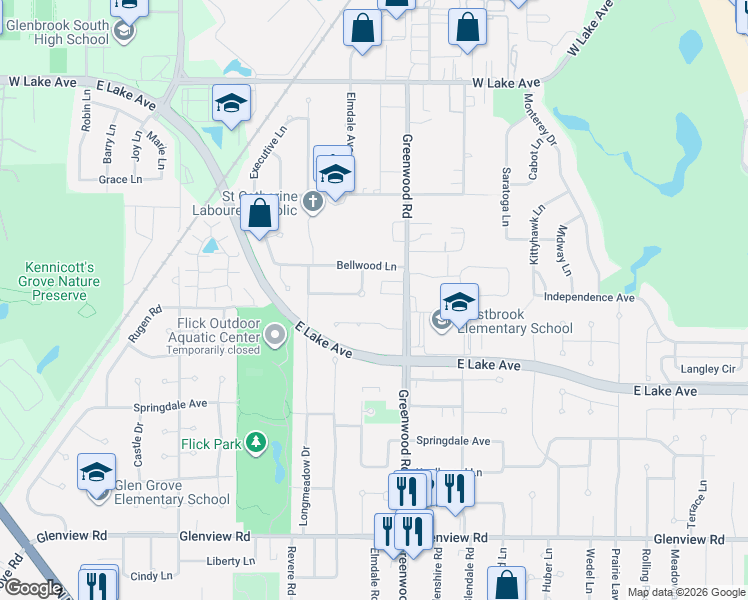 map of restaurants, bars, coffee shops, grocery stores, and more near 3348 Ralmark Lane in Glenview