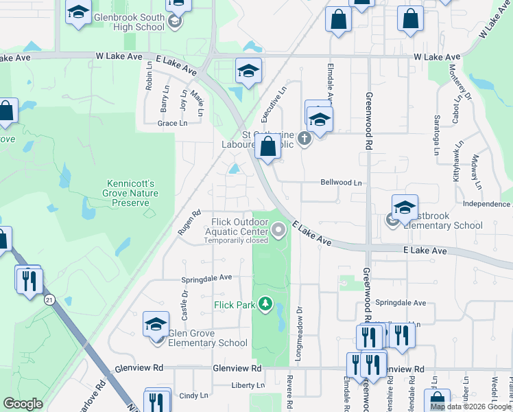 map of restaurants, bars, coffee shops, grocery stores, and more near 1409 Limar Lane in Glenview
