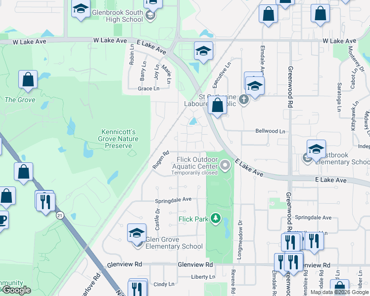 map of restaurants, bars, coffee shops, grocery stores, and more near 1405 Estate Lane in Glenview