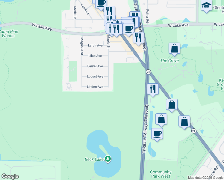 map of restaurants, bars, coffee shops, grocery stores, and more near 1421 Maple Street in Glenview