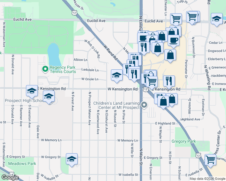 map of restaurants, bars, coffee shops, grocery stores, and more near 300 West Kensington Road in Mount Prospect