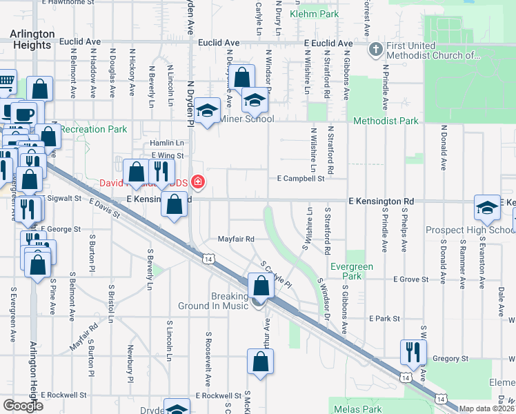 map of restaurants, bars, coffee shops, grocery stores, and more near in Arlington Heights