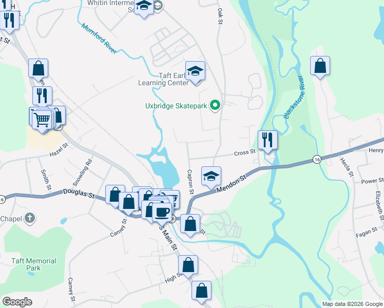 map of restaurants, bars, coffee shops, grocery stores, and more near 49 Capron Street in Uxbridge