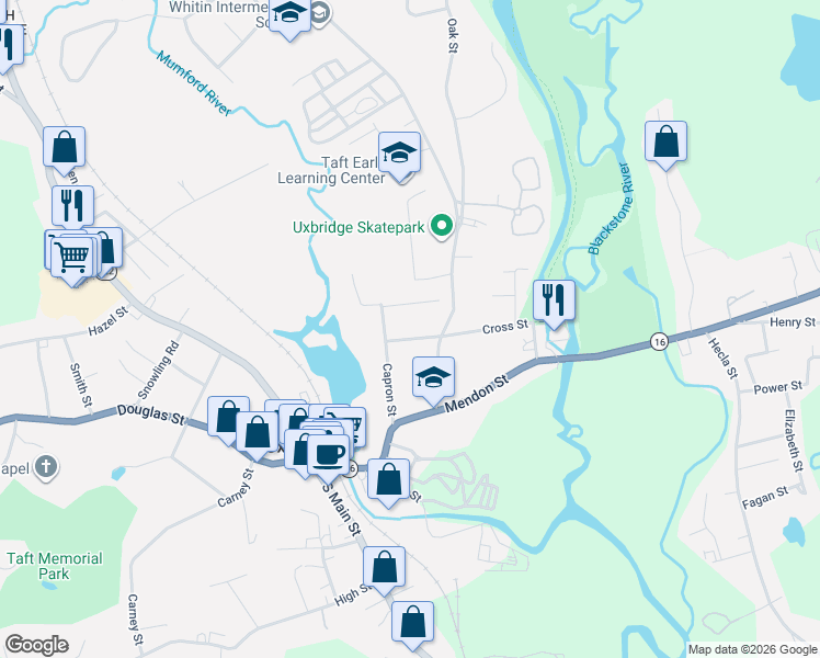 map of restaurants, bars, coffee shops, grocery stores, and more near 55 Capron Street in Uxbridge