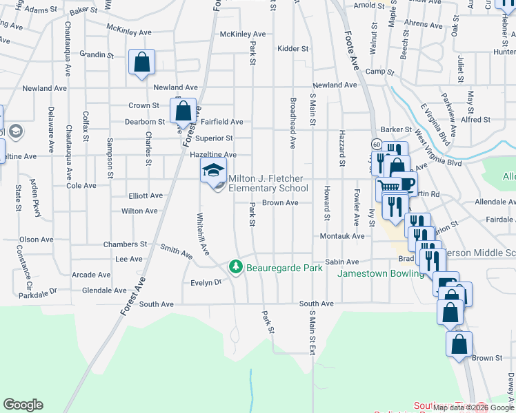 map of restaurants, bars, coffee shops, grocery stores, and more near 424 Prospect Street in Jamestown