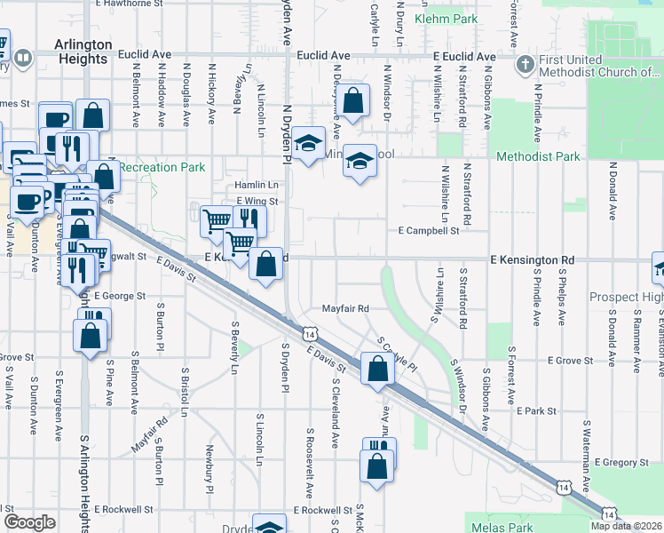 map of restaurants, bars, coffee shops, grocery stores, and more near 1107 East Kensington Road in Arlington Heights