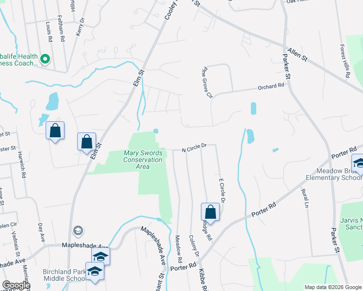 map of restaurants, bars, coffee shops, grocery stores, and more near 44 North Circle Drive in East Longmeadow