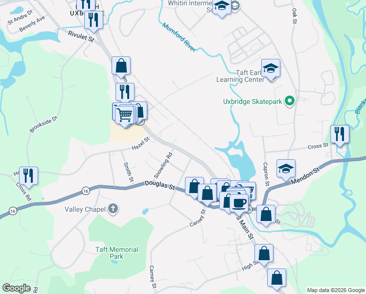 map of restaurants, bars, coffee shops, grocery stores, and more near 95 North Main Street in Uxbridge
