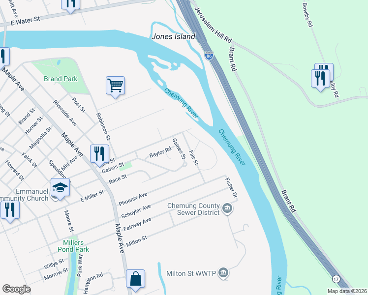 map of restaurants, bars, coffee shops, grocery stores, and more near Fair Street in Elmira