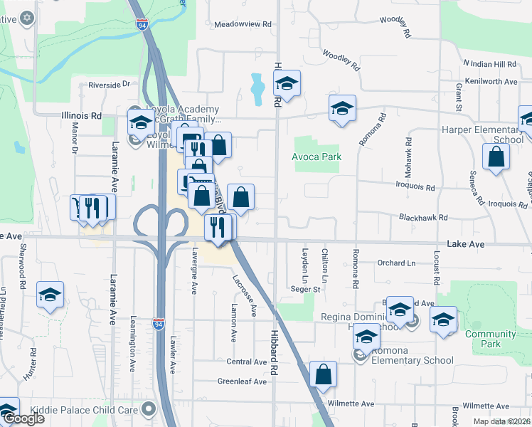 map of restaurants, bars, coffee shops, grocery stores, and more near 3118 Cranston Court in Wilmette
