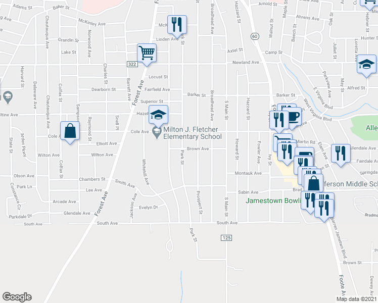 map of restaurants, bars, coffee shops, grocery stores, and more near 424 Prospect Street in Jamestown