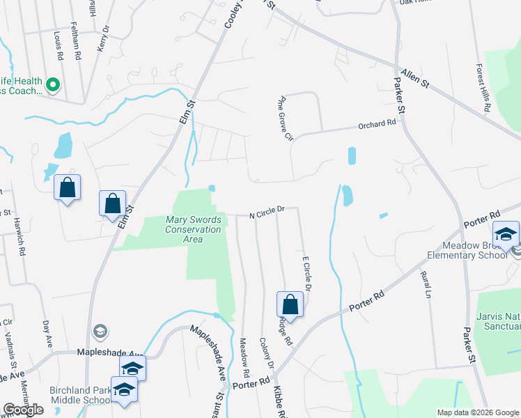 map of restaurants, bars, coffee shops, grocery stores, and more near 44 North Circle Drive in East Longmeadow