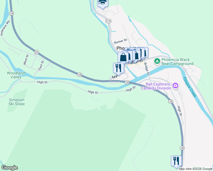 map of restaurants, bars, coffee shops, grocery stores, and more near 5879 New York 28 in Phoenicia