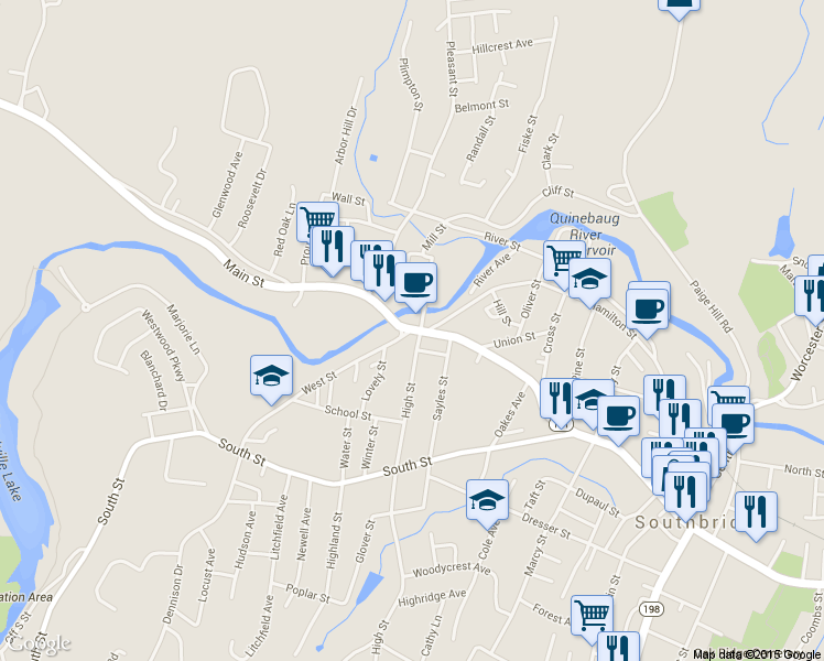 map of restaurants, bars, coffee shops, grocery stores, and more near Main St & West St in Southbridge
