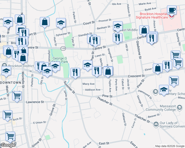 map of restaurants, bars, coffee shops, grocery stores, and more near 24 Wendell Avenue in Brockton