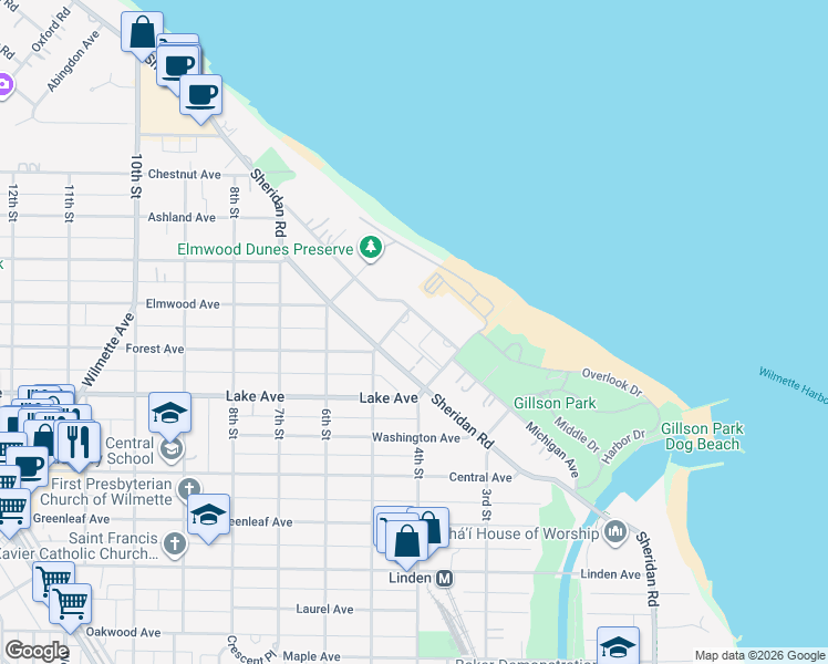 map of restaurants, bars, coffee shops, grocery stores, and more near 929 Michigan Avenue in Wilmette
