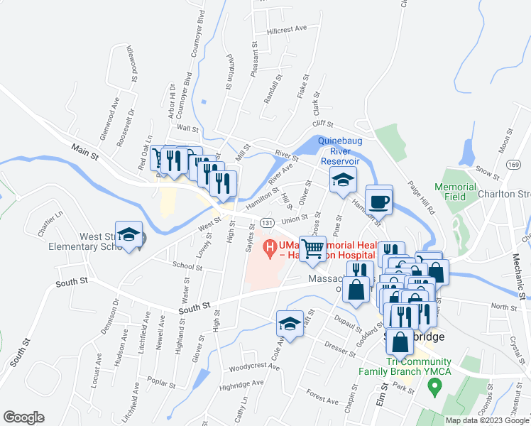 map of restaurants, bars, coffee shops, grocery stores, and more near 718 Main Street in Southbridge