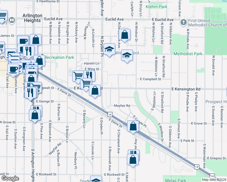 map of restaurants, bars, coffee shops, grocery stores, and more near 1107 E Kensington Rd in Arlington Heights