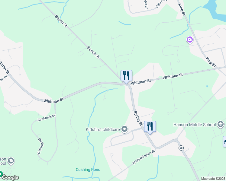 map of restaurants, bars, coffee shops, grocery stores, and more near 693 Whitman Street in Hanson