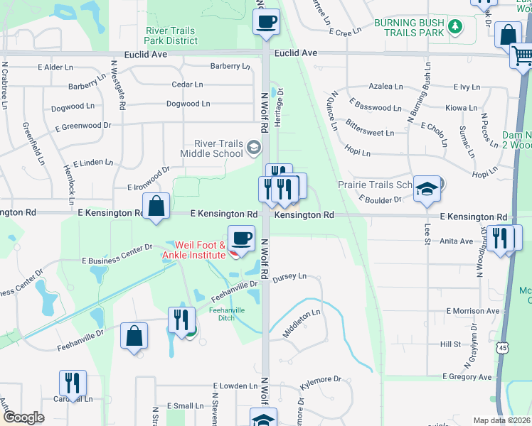 map of restaurants, bars, coffee shops, grocery stores, and more near in Mount Prospect