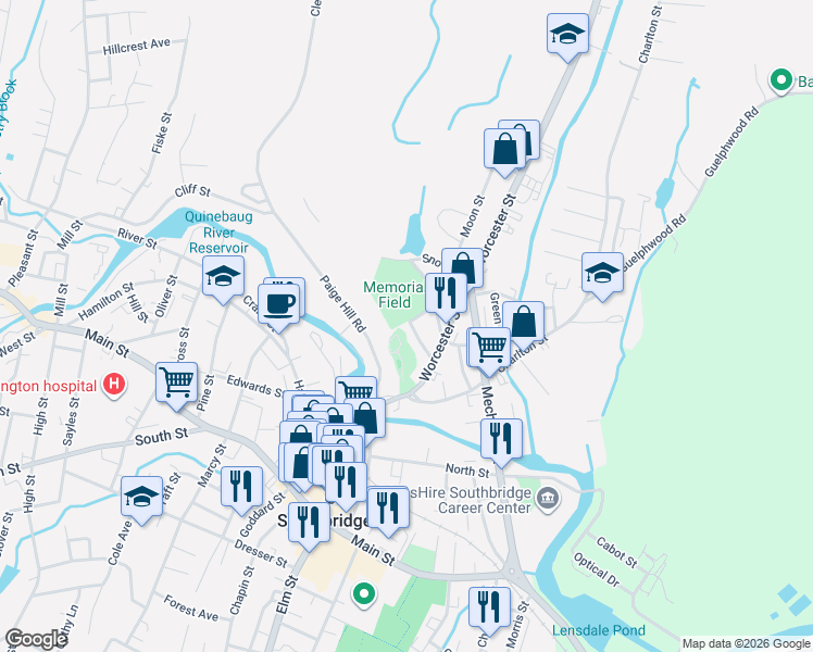 map of restaurants, bars, coffee shops, grocery stores, and more near 1-45 Henry Street in Southbridge