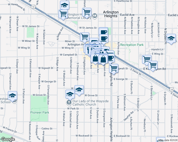 map of restaurants, bars, coffee shops, grocery stores, and more near 105 South Vail Avenue in Arlington Heights