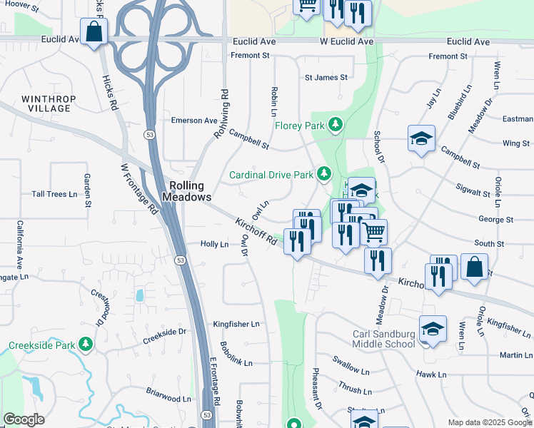 map of restaurants, bars, coffee shops, grocery stores, and more near 2919 Cardinal Drive in Rolling Meadows