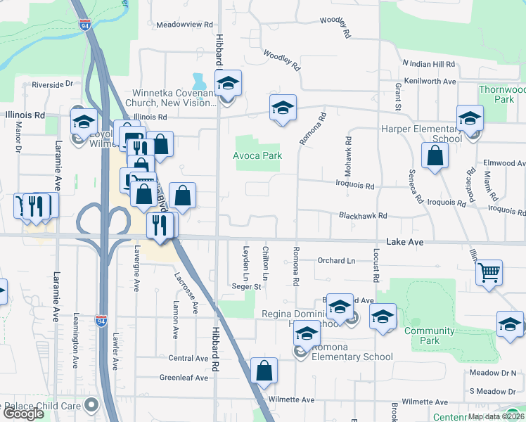 map of restaurants, bars, coffee shops, grocery stores, and more near 3021 Iroquois Road in Wilmette
