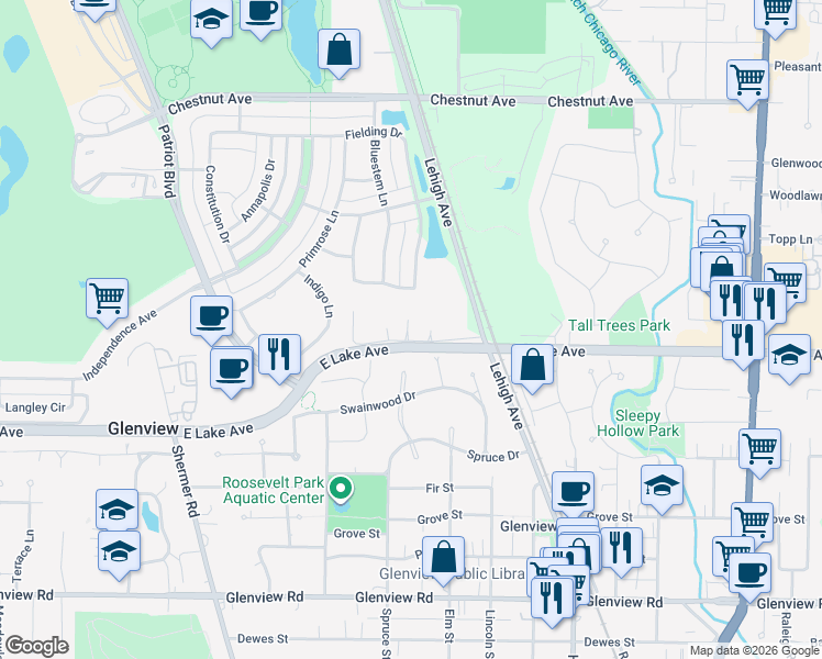 map of restaurants, bars, coffee shops, grocery stores, and more near 2128a Rugen Lane in Glenview