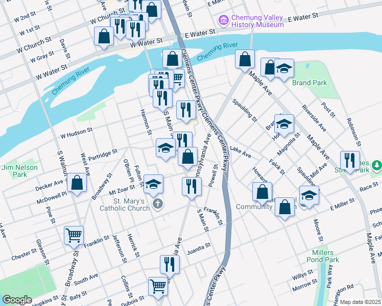 map of restaurants, bars, coffee shops, grocery stores, and more near 160 Boardman Street in Elmira
