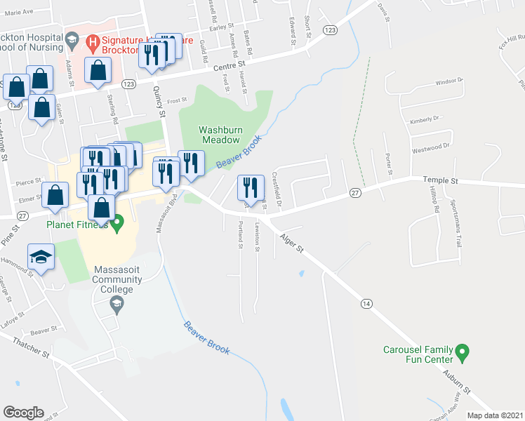 map of restaurants, bars, coffee shops, grocery stores, and more near 18 Hall Street in Brockton