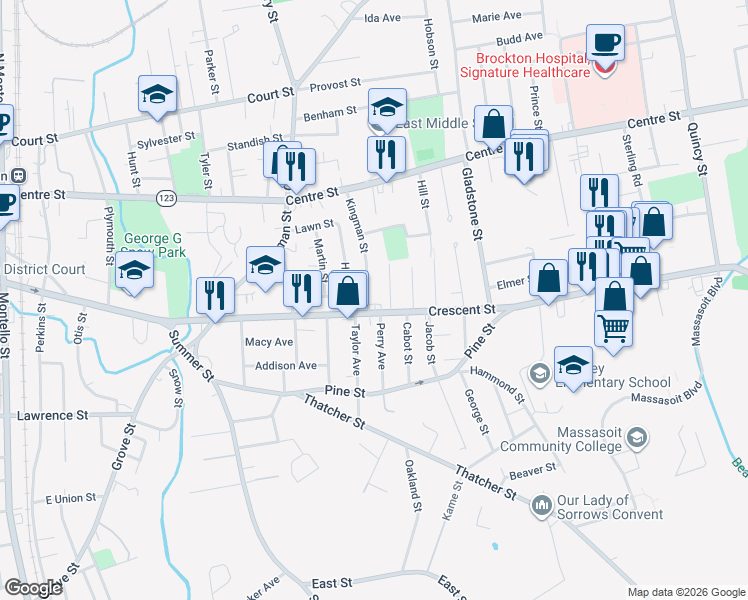 map of restaurants, bars, coffee shops, grocery stores, and more near 17 Draper Street in Brockton