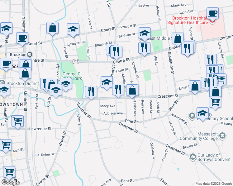 map of restaurants, bars, coffee shops, grocery stores, and more near 18 Moulton Street in Brockton