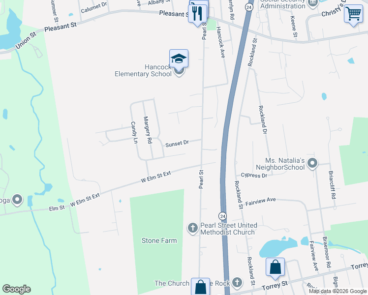 map of restaurants, bars, coffee shops, grocery stores, and more near 18 Sunset Drive in Brockton