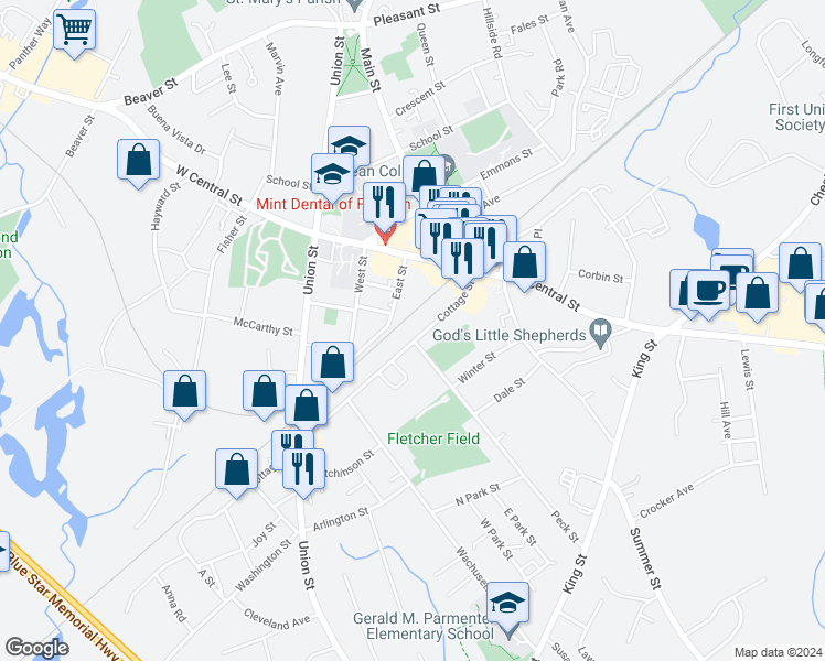 map of restaurants, bars, coffee shops, grocery stores, and more near 53 Cottage Street in Franklin