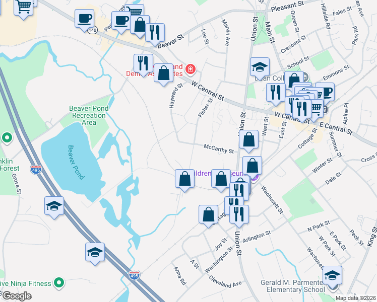 map of restaurants, bars, coffee shops, grocery stores, and more near 107 Fisher Street in Franklin
