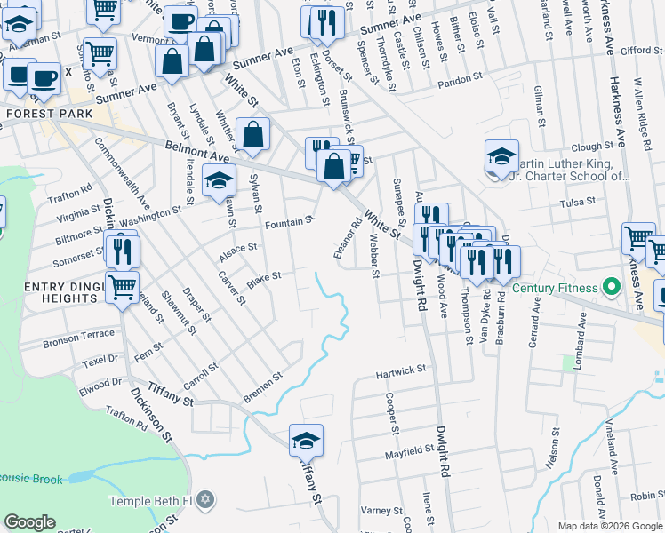 map of restaurants, bars, coffee shops, grocery stores, and more near 62 Eleanor Road in Springfield