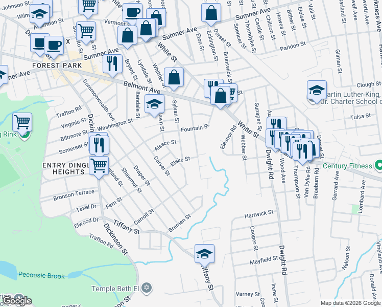 map of restaurants, bars, coffee shops, grocery stores, and more near 112 Belvidere Street in Springfield