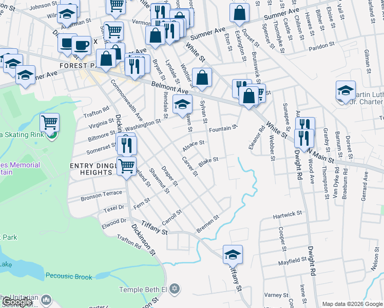 map of restaurants, bars, coffee shops, grocery stores, and more near 17 Alsace Street in Springfield