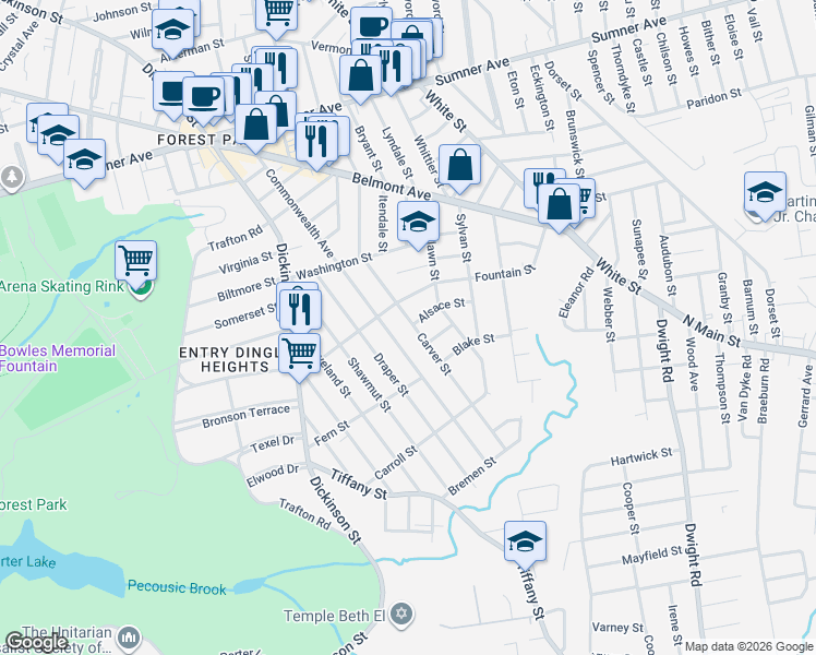 map of restaurants, bars, coffee shops, grocery stores, and more near 107 Fountain Street in Springfield