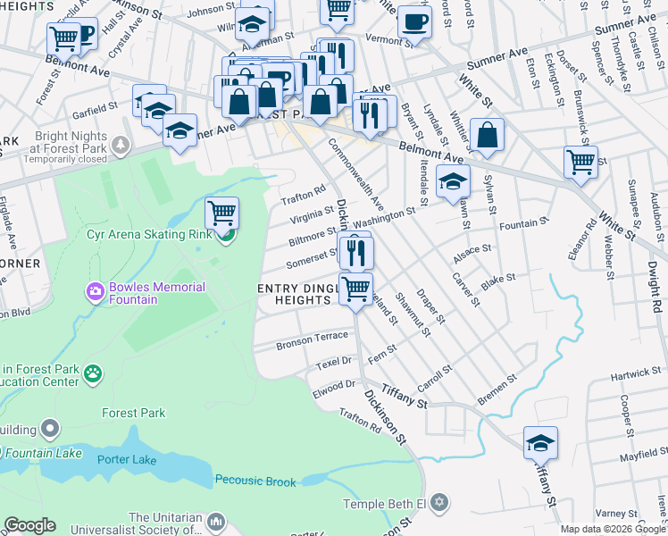 map of restaurants, bars, coffee shops, grocery stores, and more near 9-11 Somerset Street in Springfield