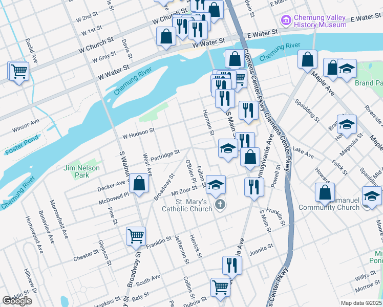 map of restaurants, bars, coffee shops, grocery stores, and more near 308 Partridge Street in Elmira